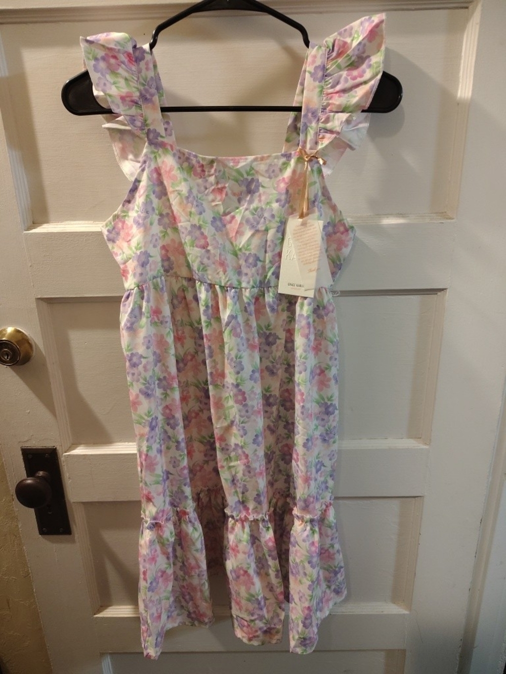 Grace Karin Pastel Floral Ruffle Strap Dress in Purple and Pink